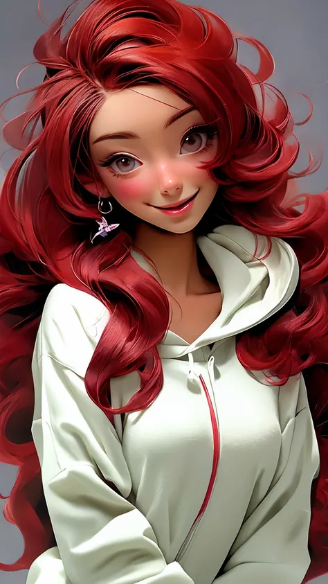 a beautiful girl with red hair holding a rose up to her face, 1girl, solo, hood, flower, holding flower, brown hair, rose, one eye closed, looking at viewer, black background, holding, long hair, hoodie, simple background, upper body, long sleeves, smile, ...