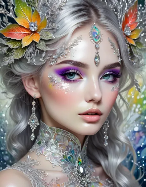 bright silver with diamond facets, glitter, delicate fabulous moss patterned ornament, beautiful inspired girl with a beautiful face and long multi-colored eyelashes, fantasy, botanicals, high detail, hazy, gentle, lace, ink on wet, bright silver underpain...