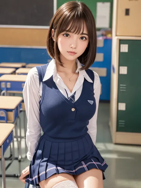 masterpiece,Highest quality,Very detailed,High resolution,(Realistic, photoRealistic:1.37),Excellent anatomy, One beautiful woman,20-year-old,height: 152 cm,high school girl,Crying a little,Idol Sculpture, high school girlの,blazer,(shape),Checkered Pleated...