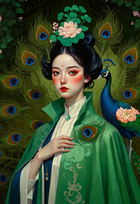 Painting of a woman in a green cloak and a peacock, Tom Bagshaw Donato Giancora, Donato Giancola and Tom Bagshaw, By Martin Johanna, james jean 和 wlop, James Jean Andre Ryabovich, jc leyendecker and sachin teng, Beeple 和 Jeremiah Ketner, james jean 和 peter...