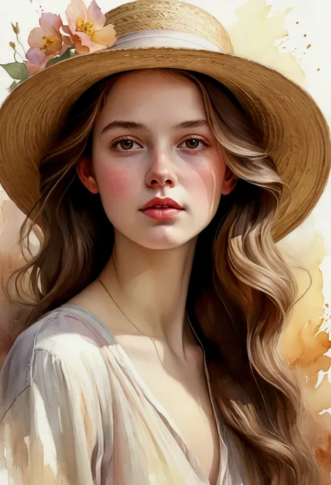 Create a digital illustration in a style that combines realism and watercolor of a young, fair-skinned woman with a soft, serene expression. She has long, wavy brown hair that flows around her face naturally. His eyes are clear and bright, conveying a feel...