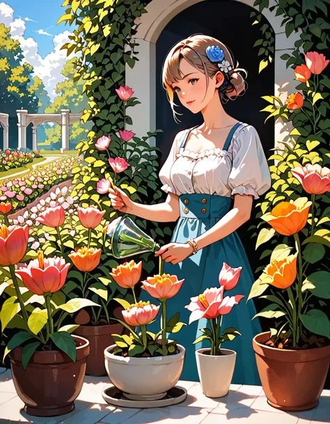 (best quality),Tulip,flower garden.Watering flowers,ultra-detailed,sharp focus,aesthetic, score_9, score_8_up, score_7_up,source_anime,