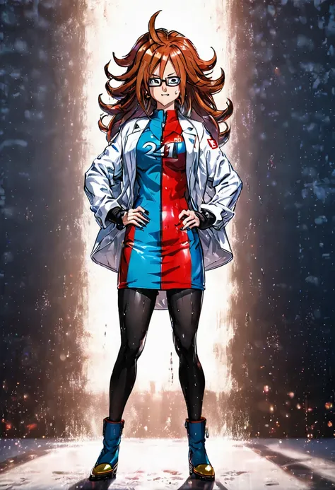 woman, android 21, human, long hair, blue eyes, brown hair, hair between eyes, earclip, hoop earrings, nail polish, glasses, labcoat, a21 dress, black pantyhose, a21 boots, logo print, standing, (wetting herself:1.5), best quality, ultra-detailed, HDR, stu...