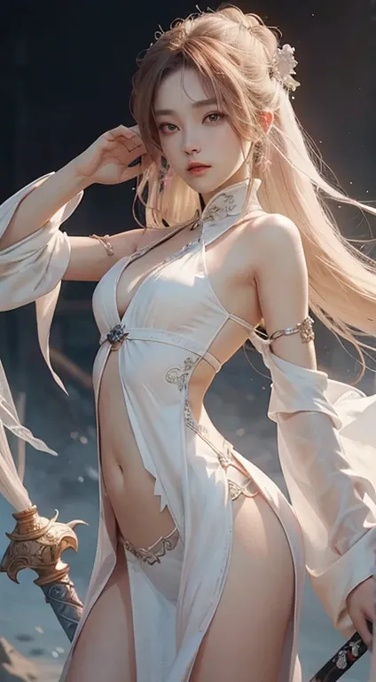 a close up of a woman with a sword in a white and pale pink seethrough silk dress, a character portrait by Yang J, trending on cgsociety, fantasy art, beautiful character painting, artwork in the style of Guweiz, Guweiz,yukata wear, flowing white robes, fu...