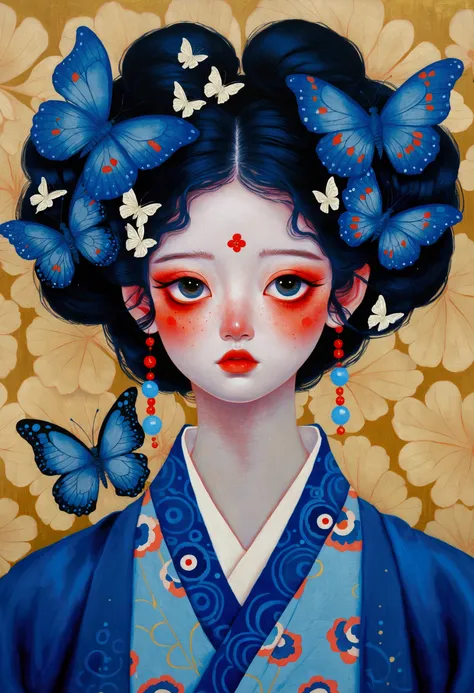 The painting shows a woman wearing a Japanese kimono,big eyes,There are butterflies and eyes on the head, James Jean (James Jean) Inspired by the extremely detailed, Popular on artstation, Pop surrealism, james jean 和 wlop, japanese Pop surrealism, Loish |...