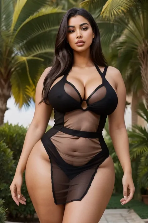 Sexy Moroccan beautiful girl, 28 years old , in transparent net short tight dress , big breast(1.2),big ass(1.5), wide hips , thick thighs , sexy pose , black dress , 4k realistic, plus size body , extra largebody , XXL body , curvaceous, seductive, cleava...