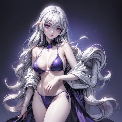 (Female drow slave bikini chest covered)(smile) Gray skin, pale golden hair and violet eyes. She prefers clothing of white and silver with cloaks of deep blue or purple, grey background, huge_knockers, ((very precise detailed)) ((highres)