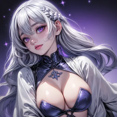 (Female drow slave bikini chest covered)(smile) Gray skin, pale golden hair and violet eyes. She prefers clothing of white and silver with cloaks of deep blue or purple, grey background, huge_knockers, ((very precise detailed)) ((highres)