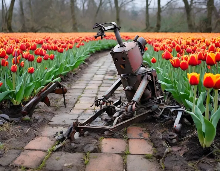 masterpiece, Highest quality, ((Beautiful and detailed))、A decaying robot and a small tulip field、forest、Old fence、Fallen、completely broken、(Broken gardening equipment)、A well-kept tulip field、