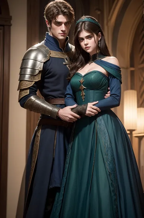 Create Alexandra Daddario with a slight smile and a beautiful dark blue medieval dress hugging Jacob Elordi in green medieval armor