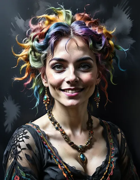 Messy watercolour drawing on black paper, a beautiful Regency woman with wild multicoloured hair, shy smile, macrame, maximalism intricate detail bold dramatic intense alluring desirable wild

