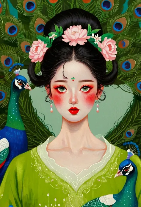 The woman in the painting wears a peacock，Wearing a green dress, An extremely detailed painting by Chen Lin, Popular on artstation, Pop surrealism, jingna zhang, Beautiful character painting, Chie Yoshii, Shin Jin Hye Art, A beautiful artistic illustration...