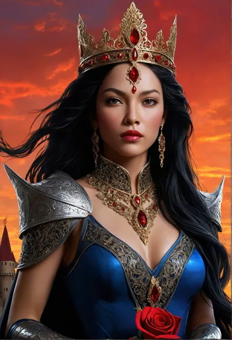 A stunning, photorealistic illustration of a dark fantasy queen standing tall with her long black hair flowing in the wind. A hero a villan She wears an elaborate crown with precious red stones, and her dark armor, class of armor warrior, adorned with gold...