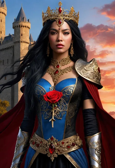 A stunning, photorealistic illustration of a dark fantasy queen standing tall with her long black hair flowing in the wind. A hero a villan She wears an elaborate crown with precious red stones, and her dark armor, class of armor warrior, adorned with gold...