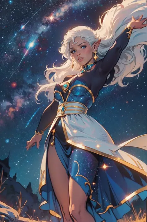 Princess allura, blue eyes, white hair, pointed ears, dark skin, dark-skinned woman, mark on the face, elf, dark elf, jewelry, earrings, loose hair, space, starry sky, galaxies, looks at the viewer, cowboy shot, solo, Dutch angle, hd