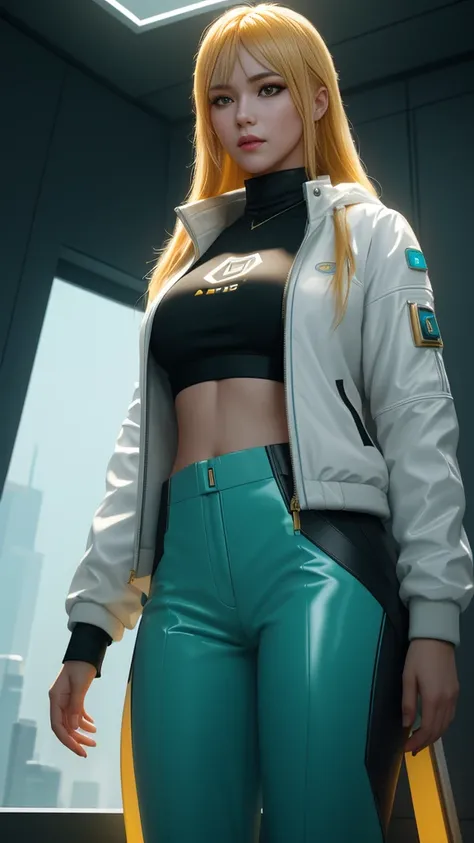 beautiful girl in white jacket and turquoise t-shirt with golden hair yellow eyes Black cyberpunk style rubber pants. Standing at the window of a futuristic skyscraper., full body , perfect light perfect composition Beauty Award winning masterpiece Artstat...