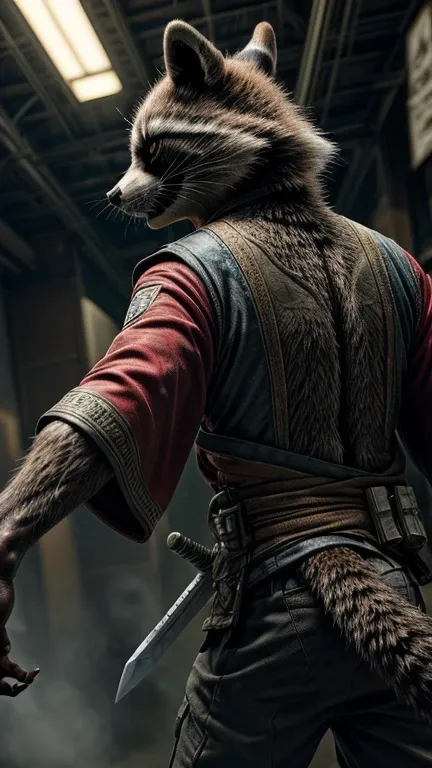 mcu, rocket raccoon, raccoon, male, skinny, buldge, detailed fur, red kimono, japan, sword katana, intricate, (high detail), moo...