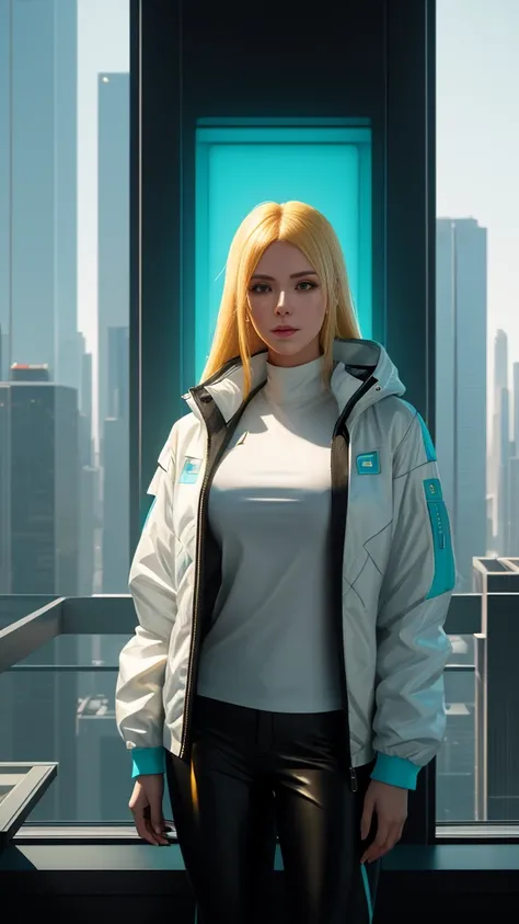 beautiful girl in white jacket and turquoise t-shirt with golden hair yellow eyes Black cyberpunk style rubber pants. Standing at the window of a futuristic skyscraper., full body , perfect light perfect composition Beauty Award winning masterpiece Artstat...