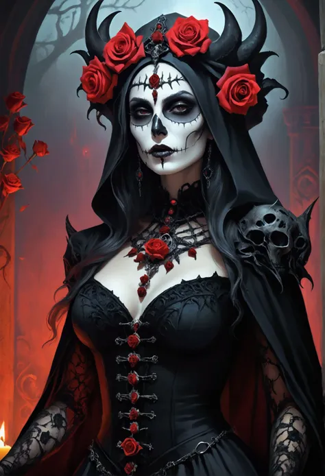 create an image of the most stunningly gorgeous beautiful perfect sexy woman dios de morta and roses , beautiful necromancer, br...