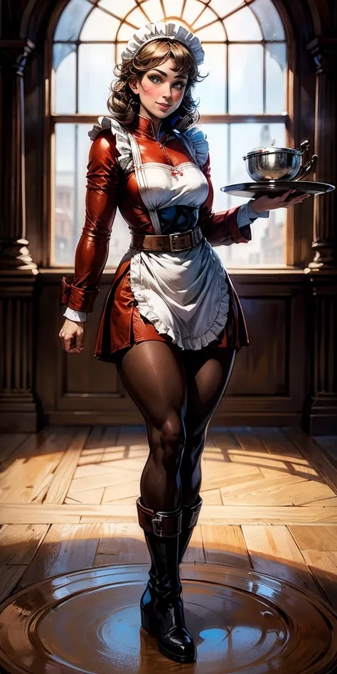 standing full body, Recto, symmetrical, lustful smile satisfied face blush red red cheeks, looking at the viewer, holding tray, braid, maid headdress, maid, dress, apron, long sleeves, brown pantyhose, long leather military boots, thighs, long white hair, ...