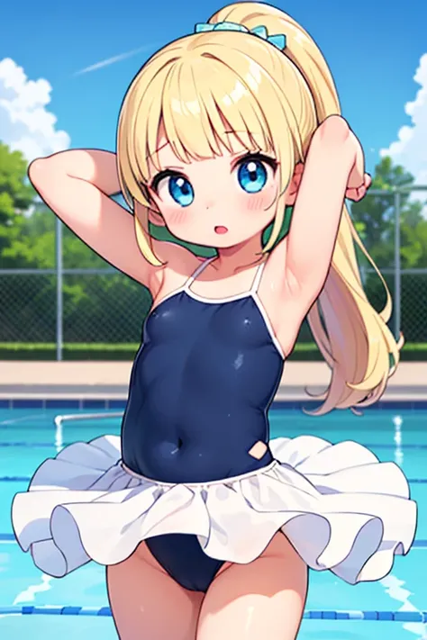 (Perfect Anatomy, Balanced ratio, very cute illustration:1.1), Poolside, Open your mouth、blonde, blue eyes, Wavy long hair, ponytail, Half-cut bangs,(Small breasts)、 (Place your arms behind your head, Underarm),  (Embarrassing), (Gorgeous idol costume swim...