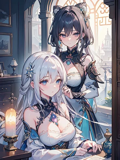 ((best quality)), ((masterpiece)), (detailed), 2girls, hoarfrost metal lace, fantasy, intricately details. 8K, Dreamlike, surrealism, Symmetrical, Soft lighting, Intricate details, Highly detailed, illusory engine,  Game CG,inspired by Li Mei-shu, (ruan me...