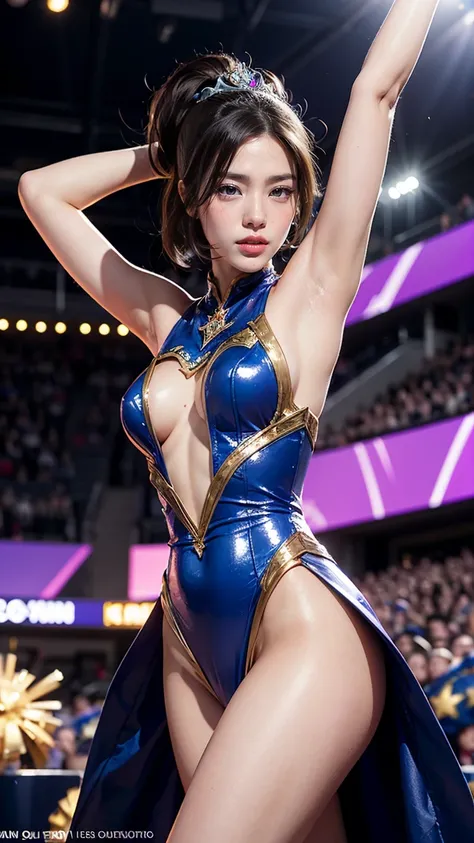 "Illustrate Gwen from League of Legends by Riot Games in her Battle Queen skin, featuring her regal, battle-ready armor with royal details and elegant patterns, no having clothes,having massive k-cups:1.55. Shes in a grand arena with cheering crowds and sp...