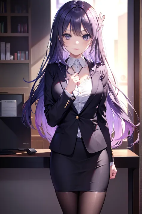 Maisakurajima, sakurajima mai, Long hair, bangrak hair:1.5), hair ornament, (Purple eyes:1.1), hair clips, rabbit hair ornament,Necklace, formal, Black jacket, pencil skirts, Skirt suit, Black pantyhose,crossed legs,Use a fountain pen to write a letter,暗闇の...