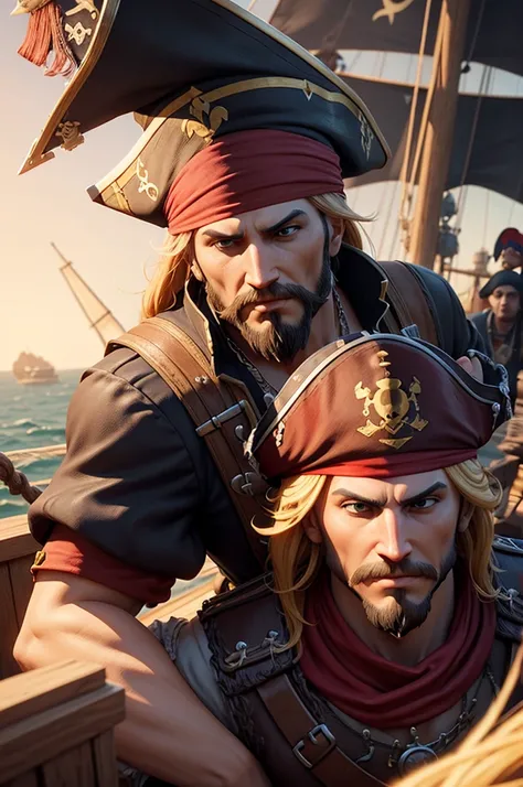 (3D video game style) of U king and a pirate aboard a ship, The pirate hugs the king&#39;s shoulder while drinking a beer (happy) and the king has a look of annoyance (annoyed). The ship has white wings with a logo of a beak and a falcon (good quality)