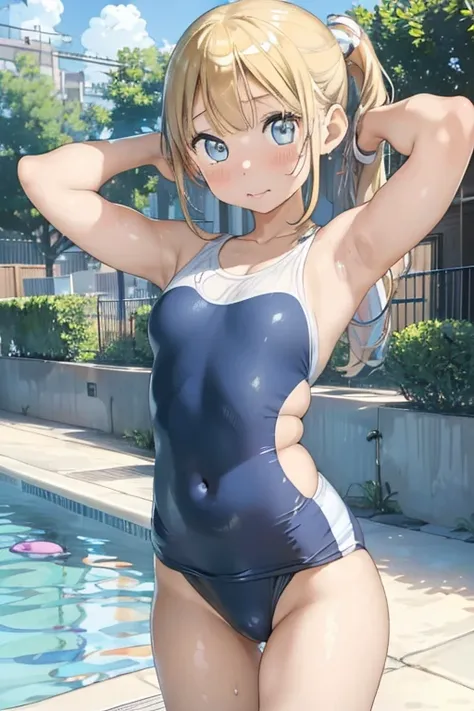 (Perfect Anatomy, Balanced ratio, very cute illustration:1.1), Poolside, Open your mouth、blonde, blue eyes, Wavy long hair, ponytail, Half-cut bangs,(Small breasts)、 (Place your arms behind your head, Underarm),  (Embarrassing), (Gorgeous idol costume swim...