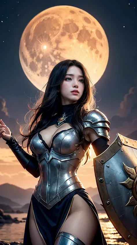 "Depict Leona from League of Legends by Riot Games in her Lunar Eclipse skin, adorned in her elegant, lunar-themed armor with silvery details and a shimmering shield,no having clothes, having massive k-cups:1.55. Shes in a mystical landscape with a full mo...