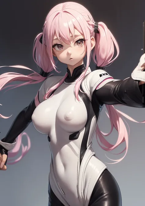 ((Upper body photo))、Cute face、Pink Hair、Long Hair、Twin tails、White skin、((Shooting from the front:1.5 ))、((Tight black leather suit:1.5)), ((Big Breasts)), Pointed nipples, masterpiece