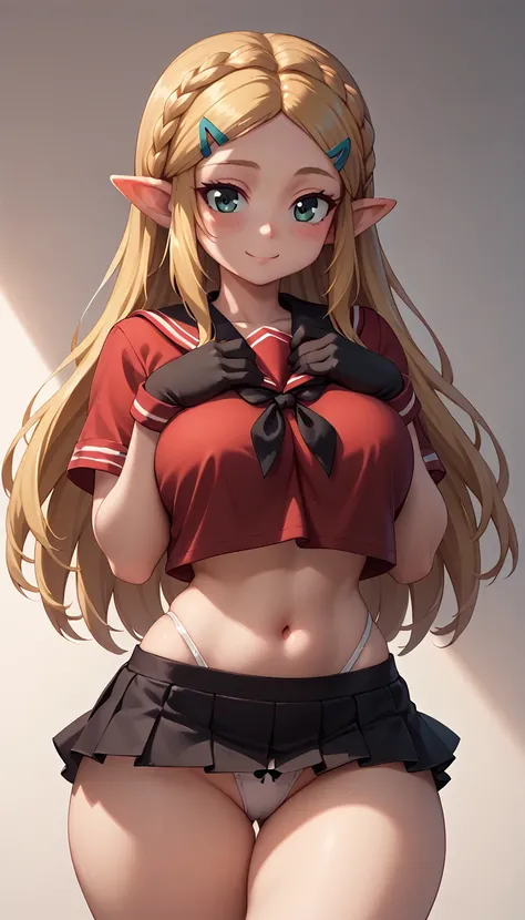 High resolution, Very detailed, perfect lighting, beautiful detailed eyes, ((masterpiece,Best Quality)), absurdities, alone, princess zelda, by the width, crown braid, Hair clip, pointy ears, Gloves without fingers, black gloves, smile, curves, nod, , deep...