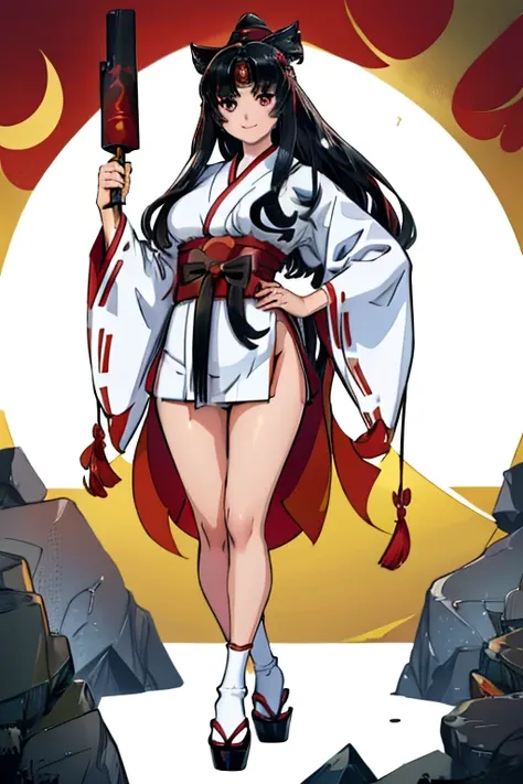 female, silver long hair, red eyes, (((1girl))), (((red kimono))), (black japanese sandals), (white socks), (black skirt), cute ...