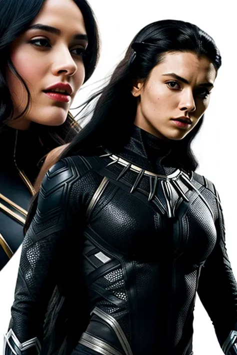 image of a mutant woman with black panther and cheetah features who is white and long black hair with white x men style 