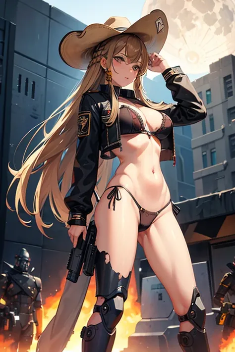 a cyborg girl, milf, robotic legs and arm, cowboy hat, long braided brown hair, torn clothes, exposed panties and bra, military boot, rifle under arm, legs apart, background moon