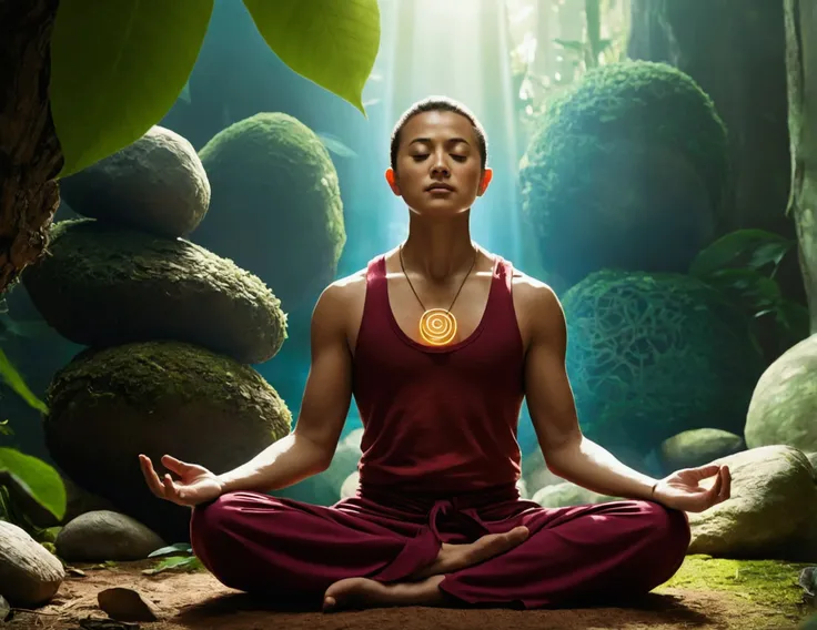 movie character meditating, Surrounded by natural elements and light symbols, convey deep thoughts, self-awareness reflection