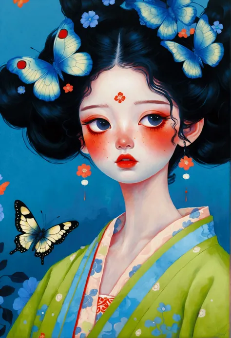 The painting shows a woman wearing a Japanese kimono,big eyes,There are butterflies and eyes on the head, James Jean (James Jean) Inspired by the extremely detailed, Popular on artstation, Pop surrealism, james jean 和 wlop, japanese Pop surrealism, Loish |...