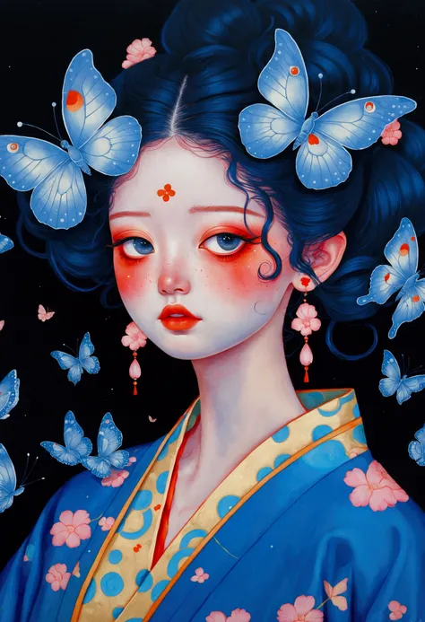 The painting shows a woman wearing a Japanese kimono,big eyes,There are butterflies and eyes on the head, James Jean (James Jean) Inspired by the extremely detailed, Popular on artstation, Pop surrealism, james jean 和 wlop, japanese Pop surrealism, Loish |...