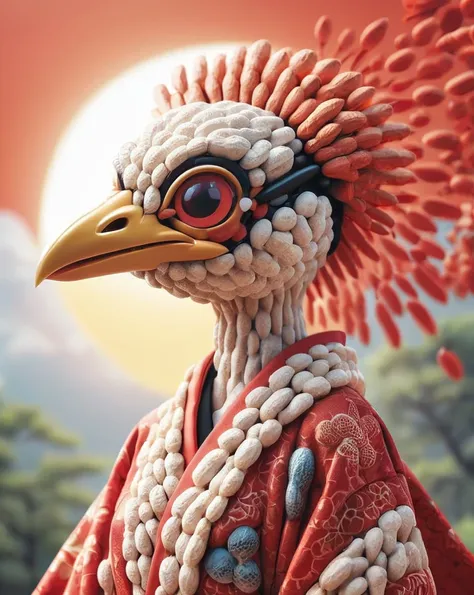 Insane Details, Melancholy Pokémon Ostrich, Sun in the sky, Shallow depth of field, Simple and clean, Intricate details, Bright design, Poster Art, point、Kimono with red Japanese pattern、Black bobcut、girl