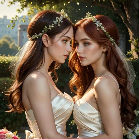 (​masterpiece, best quality:1.5), highest quality, High resolution, super detailed, Realists, Upper body photo of the red-haired bridesmaids, detailed and beautiful eyes, beautiful detailed lips, very detailed eyes and face, longeyelashes, Woman in bridesm...