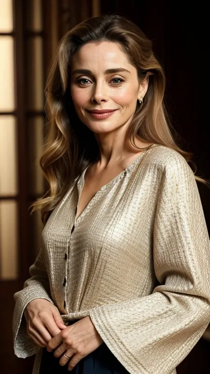 Emmanuelle Béart wearing clothes made of beautiful fabrics and smiling