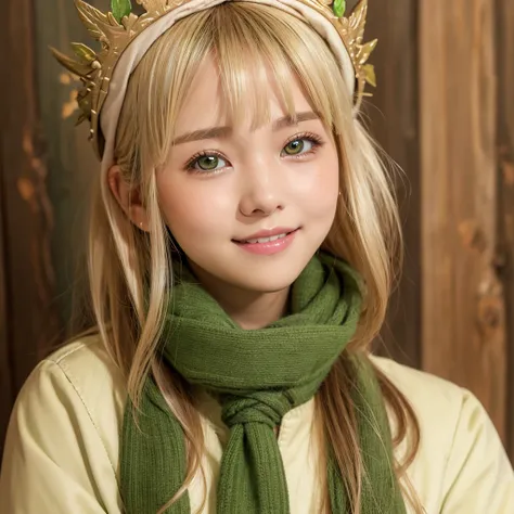 1girl, solo, looking at viewer, blush, smile, bangs, blonde hair, simple background, long sleeves, holding, closed mouth, green eyes, jacket, upper body, medium hair, scarf, crown, brown background