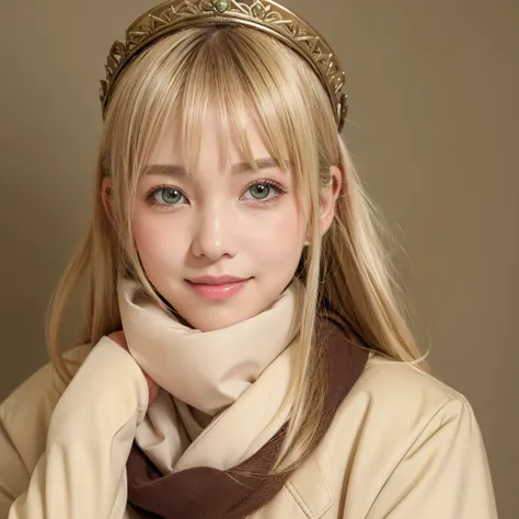 1girl, solo, looking at viewer, blush, smile, bangs, blonde hair, simple background, long sleeves, holding, closed mouth, green eyes, jacket, upper body, medium hair, scarf, crown, brown background