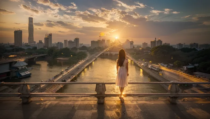 In Bangkok, Thailand, a woman in white plain gown and loose hair standing in the center of the bridge acrossing the river looking out the bridge to the twilight sky with the large sun setting over the river while wind blow slightly to her gown and hair.