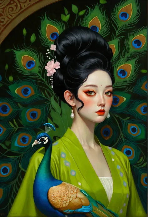 A woman in a green dress in the painting,A peacock perched on his shoulder, Tom Bagshaw Donato Giancora, Natalie Shaw Tom Bagshaw, Artgerm and Tom bAgshAw, Beautiful character painting, Artgerm Julie Bell Beeple, Chie Yoshii, Art Jam and James Jean, Art by...