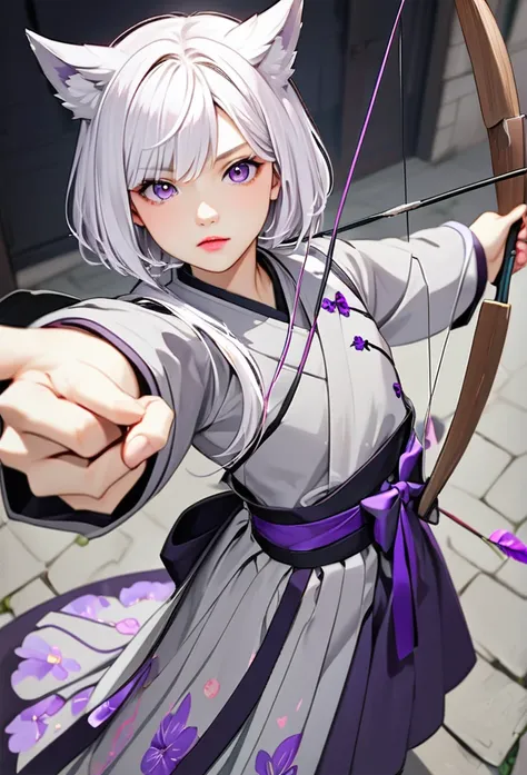 hybrid character with wolf ears, masculine and dominant, short White hair, purple iris eyes, skin fair, gray hanbok clothes, adorable appearance around 15 years old with youthful features , pink lips Outside with a bow and arrow pointing at a target Do it ...