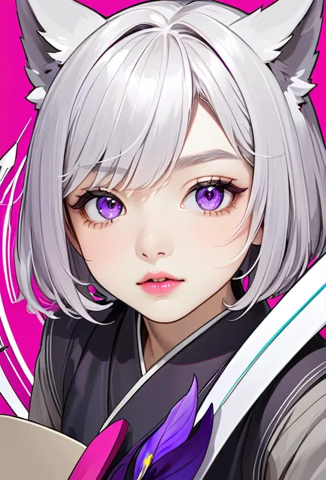 hybrid character with wolf ears, masculine and dominant, short White hair, purple iris eyes, skin fair, gray hanbok clothes, adorable appearance around 15 years old with youthful features , pink lips Outside with a bow and arrow pointing at a target Do it ...