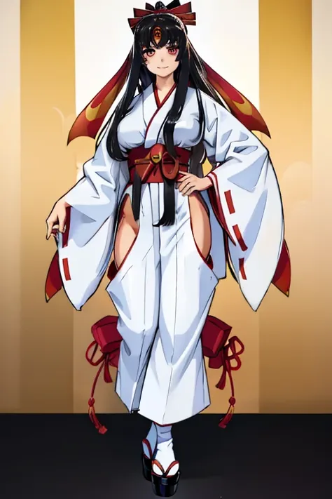 female, silver long hair, red eyes, (((1girl))), (((red kimono))), (black Japanese sandals), (white socks), (black hakama pants), cute and sexy, full body, large breasts, long legs, smiling, standing