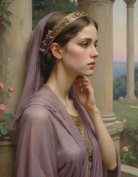 Masterpiece, ((realistic)), (propaganda poster), (((by John William Waterhouse))), (((Moebius Jean Giraud))), ((((profile portrait of a veiled roman   10 year old girl, extremely beautiful!!!!!!!! pretty!!!!! face!!!!!, tiny, very skinny, priestess, dignif...